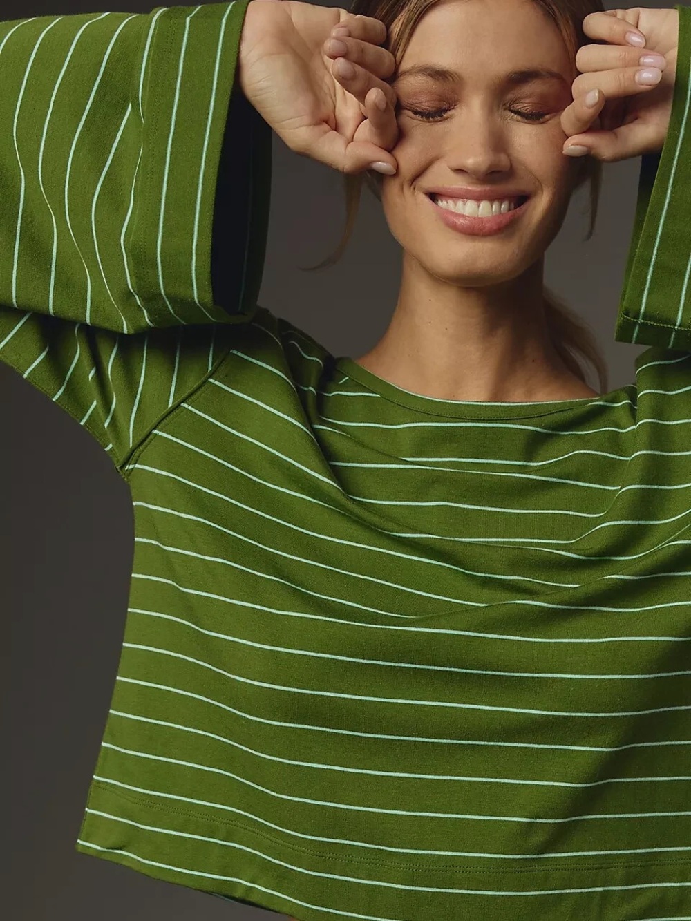 by Anthropologie Green Blue Stripe Tee XXS Long Sleeve Cropped Crew Neck Top